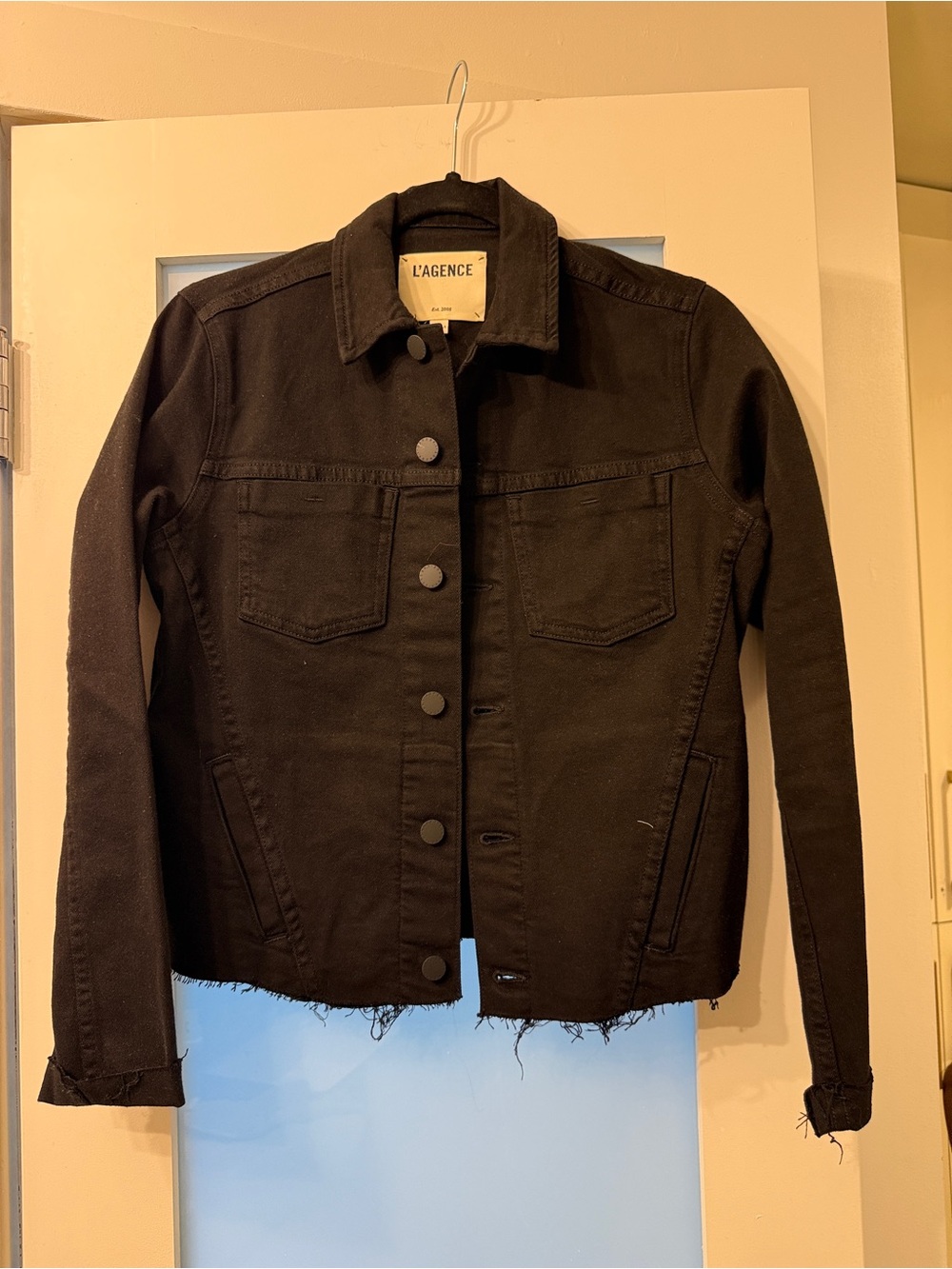 L'AGENCE Black Denim Trucker Jacket with Frayed Hem